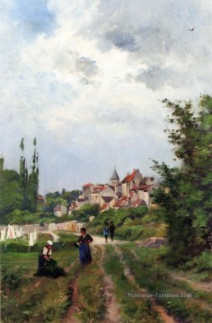 Laver les femmes sur une piste d’étude avec un village au delà Henri Joseph Harpignies Peinture à l'huile